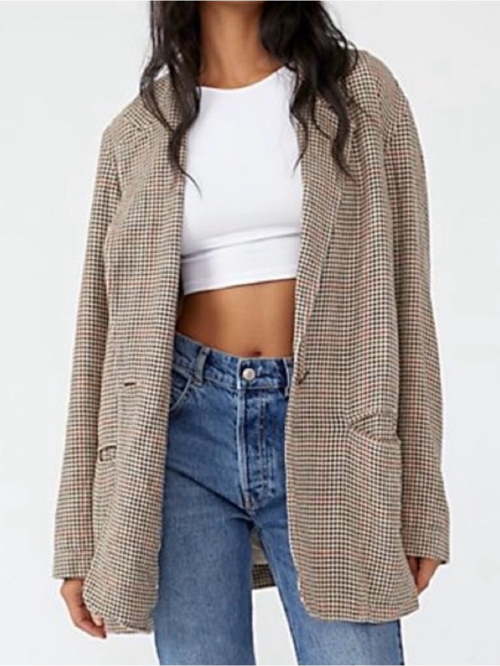 Free People We The Free Houndstooth Beckett Boyfriend Blazer Women’s Small Tan